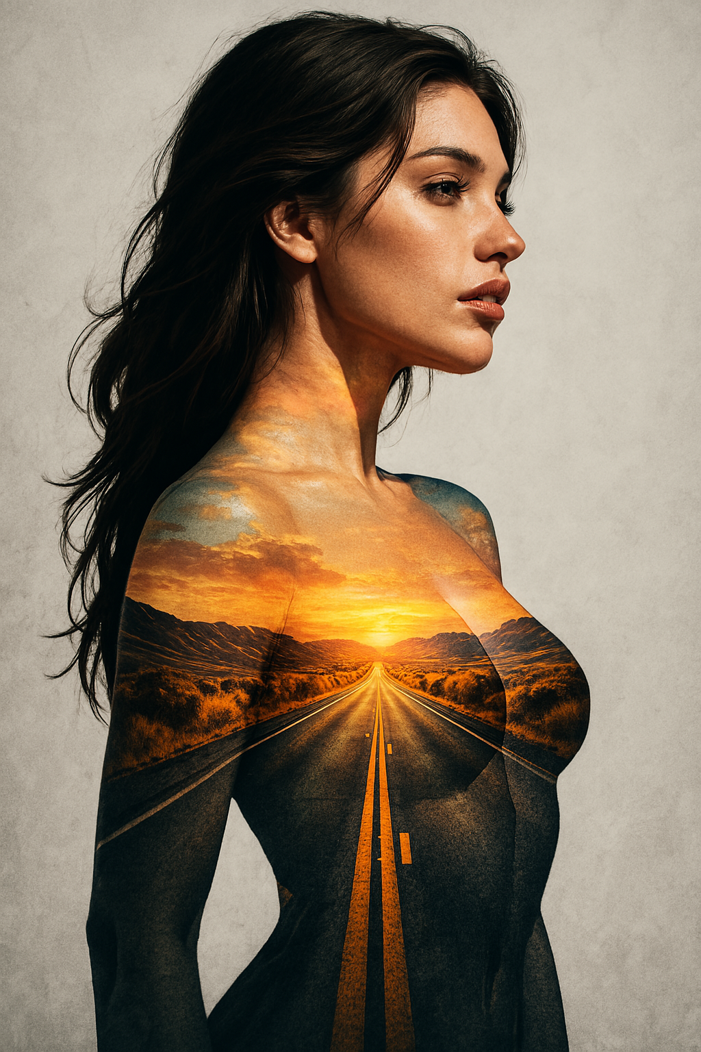 Woman with sunset double exposure